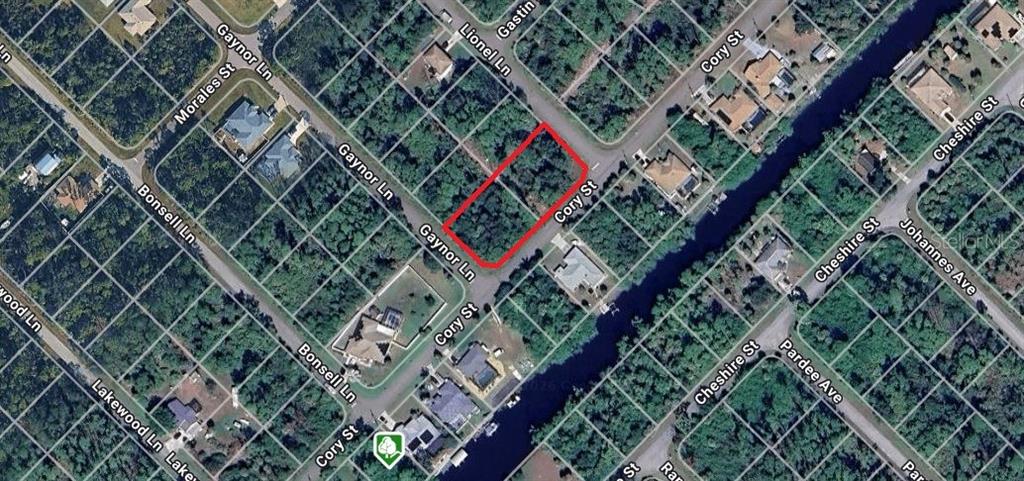 This is an aerial map view of a vacant, rectangular lot outlined in red — 427 CORY STREET, PORT CHARLOTTE, FL