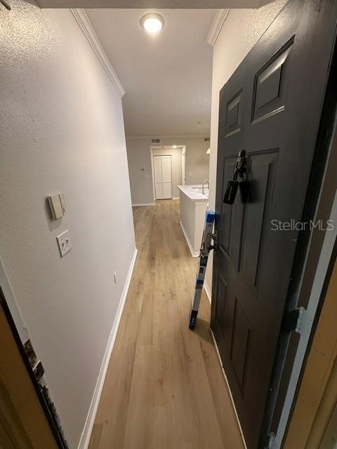 A view down a hallway with light wood-look flooring leading toward a kitchen area — 5608 PINNACLE HEIGHTS CIRCLE UNIT 307, TAMPA, FL