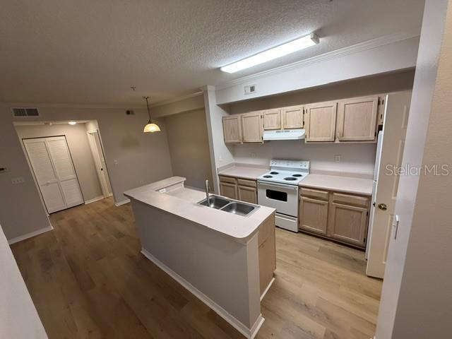 A kitchen with light wood cabinets, a white stove, and a breakfast bar — 5608 PINNACLE HEIGHTS CIRCLE UNIT 307, TAMPA, FL