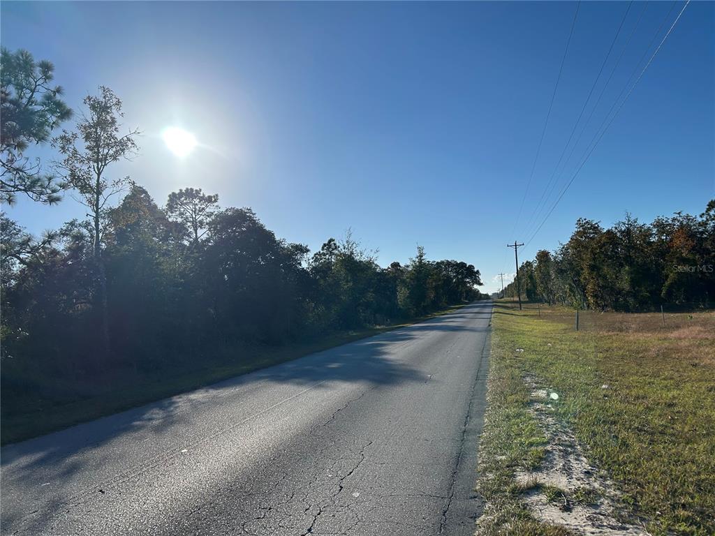 A paved road stretches into the distance between wooded areas under a clear blue sky — TBD NE 69TH LANE, WILLISTON, FL