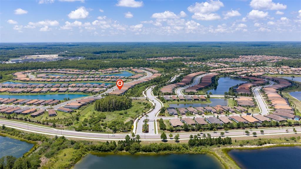 This aerial view shows a residential community with houses, ponds, and a gated entrance — 3254 FRANCOA DRIVE, ODESSA, FL