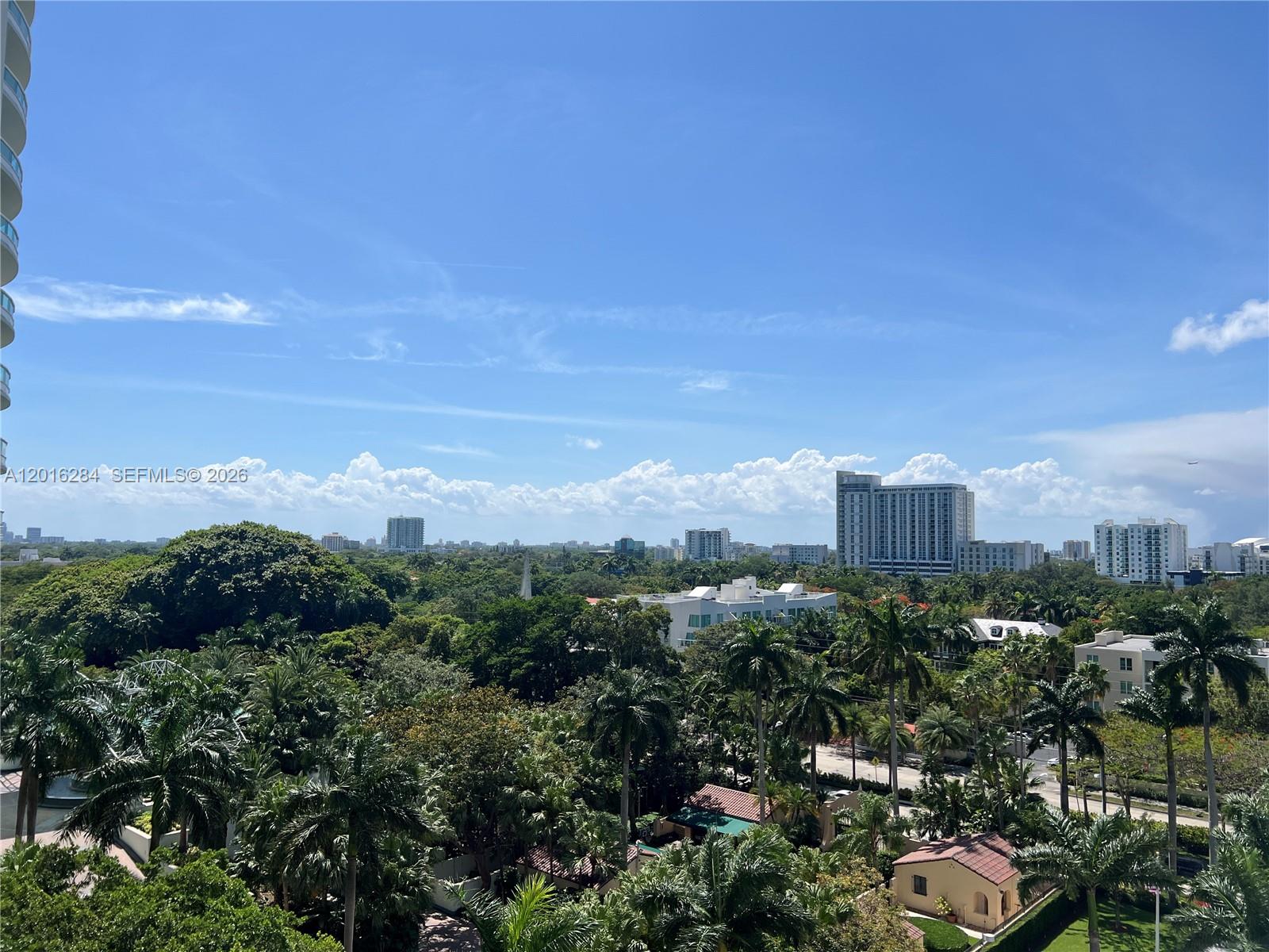 An elevated view shows a lush green landscape with palm trees and distant city buildings — 1627 Brickell Ave # 1204, Miami FL 33129, MIAMI, FL