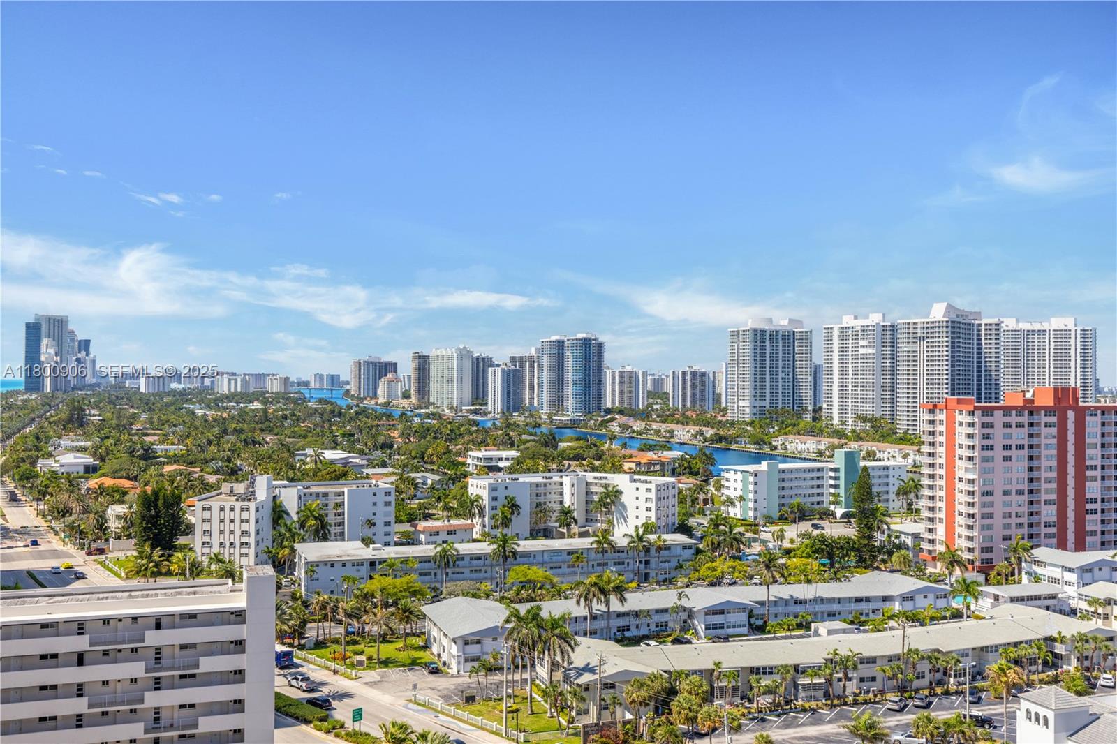 An elevated view shows a dense urban landscape with numerous high-rise apartment buildings and palm trees — 2030 S Ocean Dr # 1708, Hallandale Beach FL 33009, HALLANDALE BEACH, FL