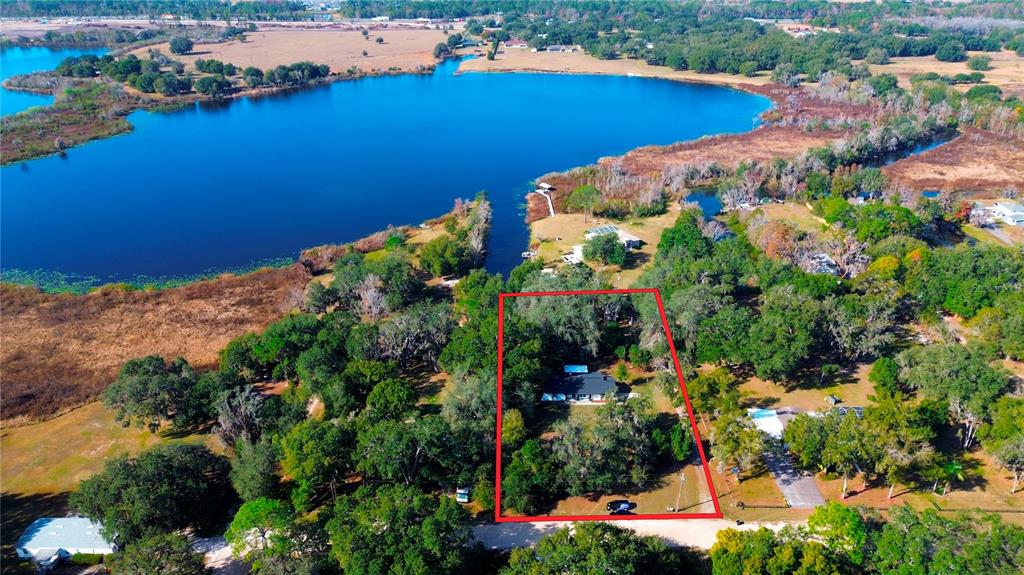 An aerial view shows a house outlined in red situated on a wooded lot — 8807 OVERLOOK DRIVE, WESLEY CHAPEL, FL