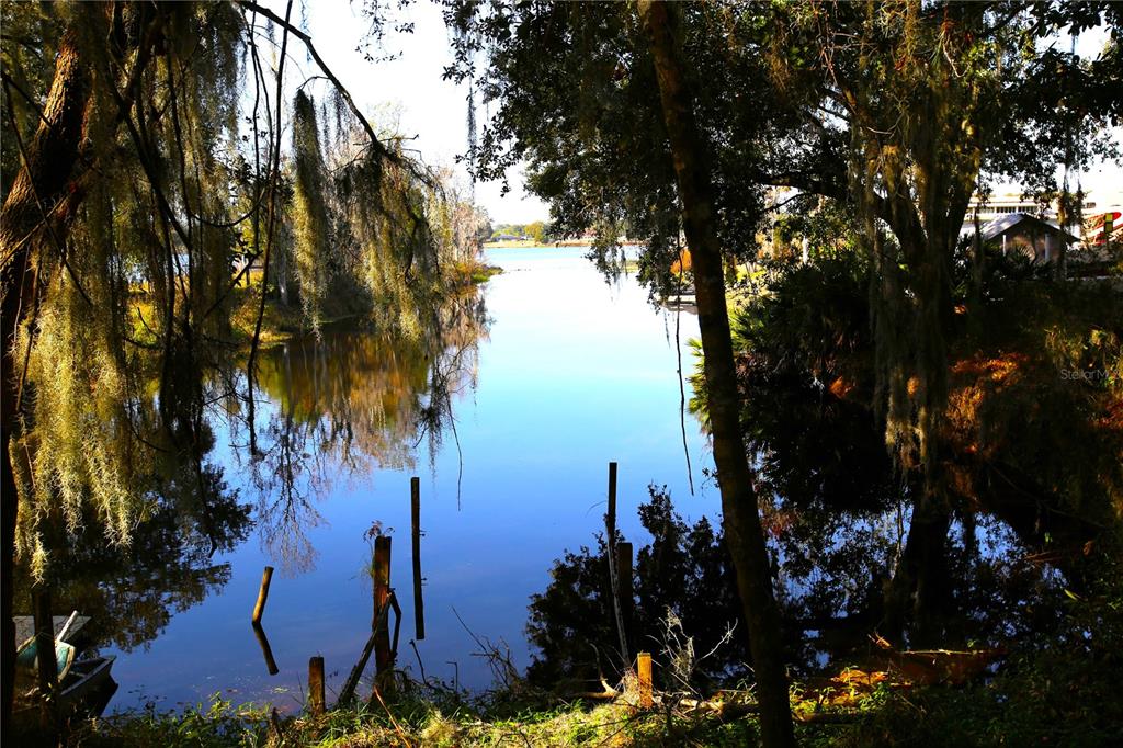 A view of a calm lake framed by moss-draped trees and wooden pilings — 8807 OVERLOOK DRIVE, WESLEY CHAPEL, FL