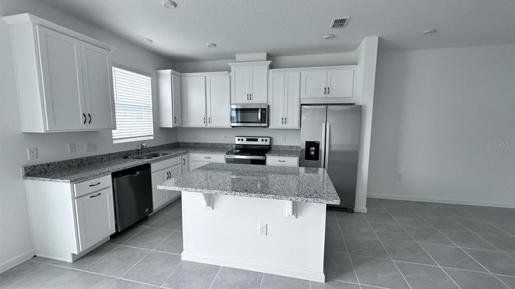 A kitchen features white cabinetry, granite countertops, stainless steel appliances, and a central island — 1167 BOARDWALK PLACE, KISSIMMEE, FL