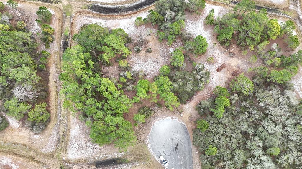 An aerial view shows a wooded lot with a cul-de-sac and a parked vehicle — 1255 WAHNETA DRIVE, KISSIMMEE, FL