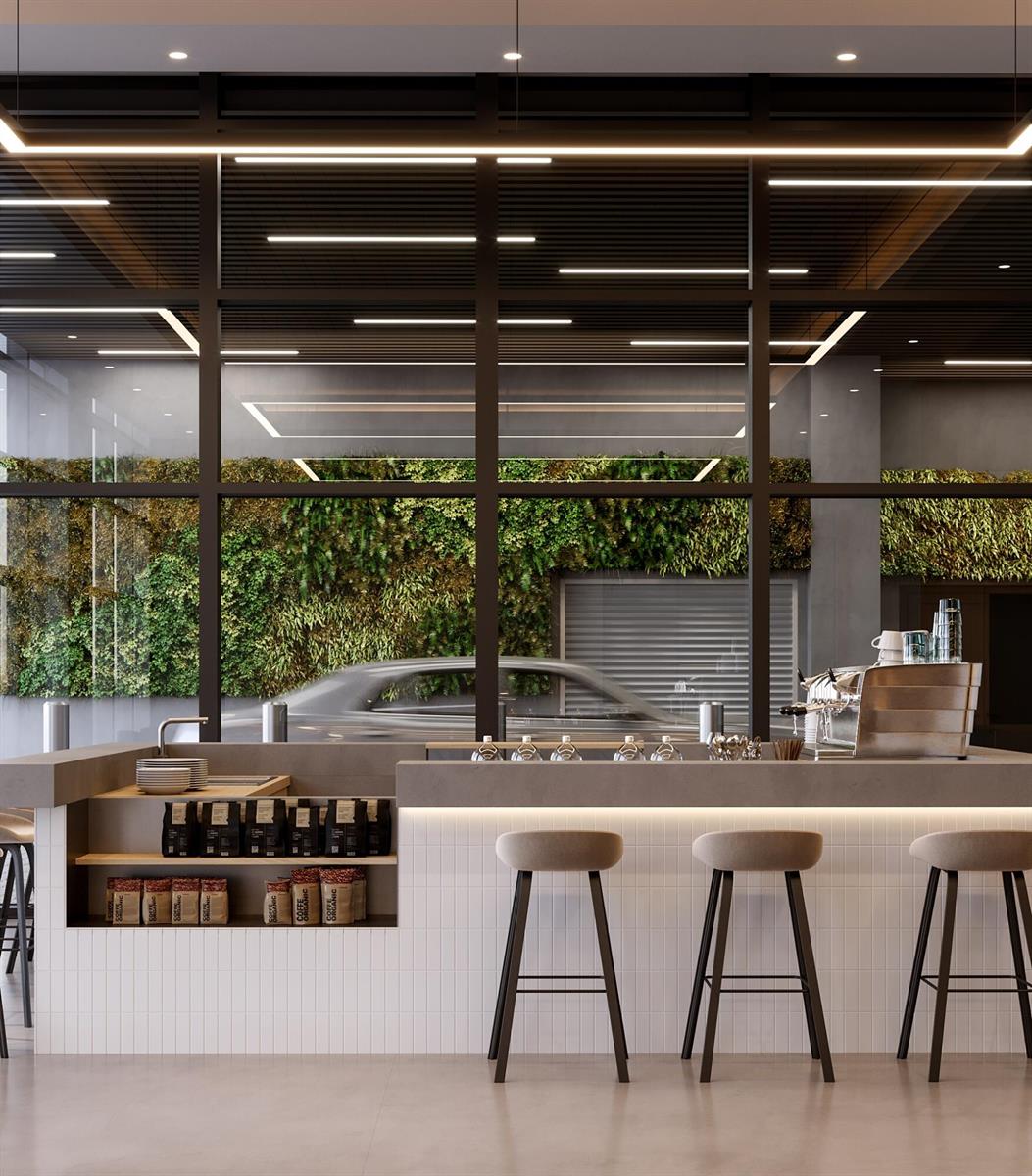 This rendering shows a modern coffee bar with stools, concrete counters, and a green wall — 55 NE 2nd Street # 1009, Miami FL 33132, MIAMI, FL