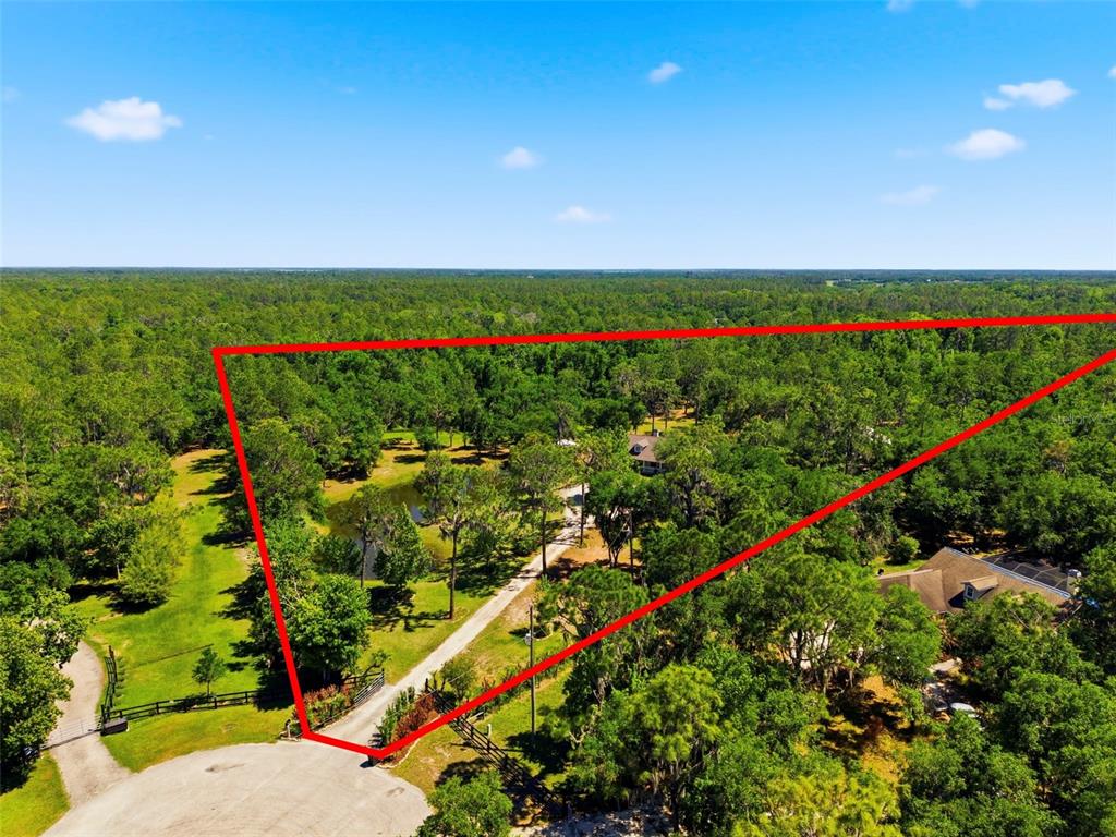 An aerial view shows a wooded property with a pond and driveway outlined in red — 1115 410TH COURT E, MYAKKA CITY, FL