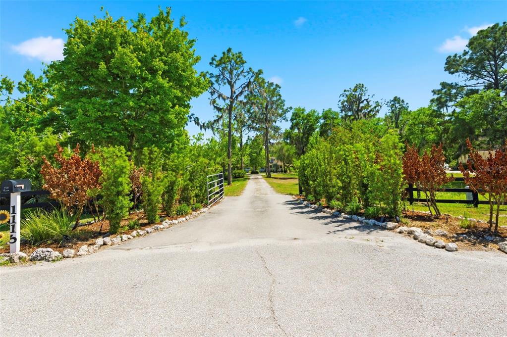 A paved driveway leads through a gated entrance lined with trees and shrubs — 1115 410TH COURT E, MYAKKA CITY, FL