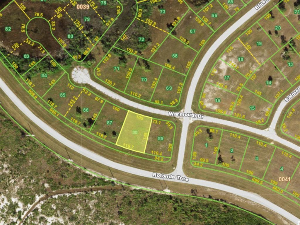This is a satellite map showing property lot lines and parcel numbers in a neighborhood — 14145 WARMOUTH DRIVE, PLACIDA, FL