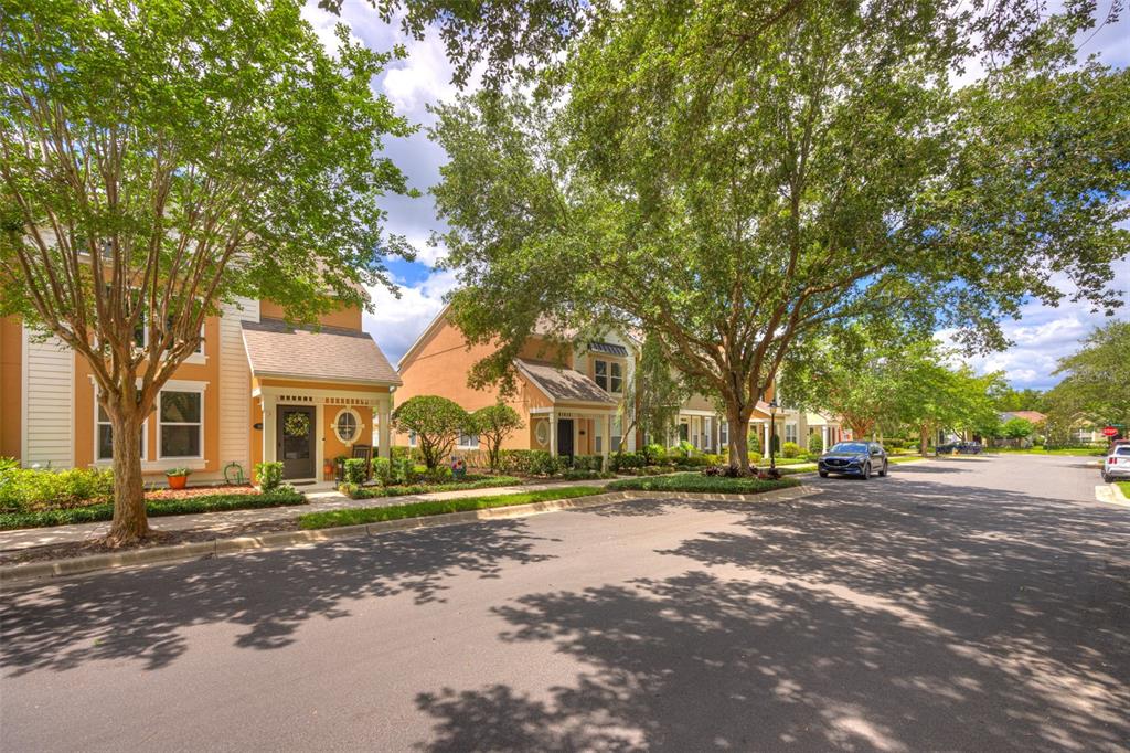 A street view of two-story residential houses with tan siding and mature trees lining the road — 901 WYNBROOK LANE, DELAND, FL