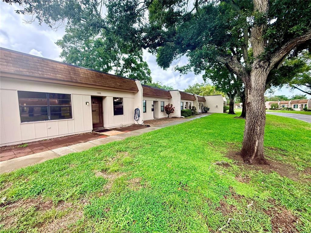 A single-story apartment building with a brown shingled roof sits beside a large oak tree — 1380 MISSION CIRCLE UNIT 44-C, CLEARWATER, FL