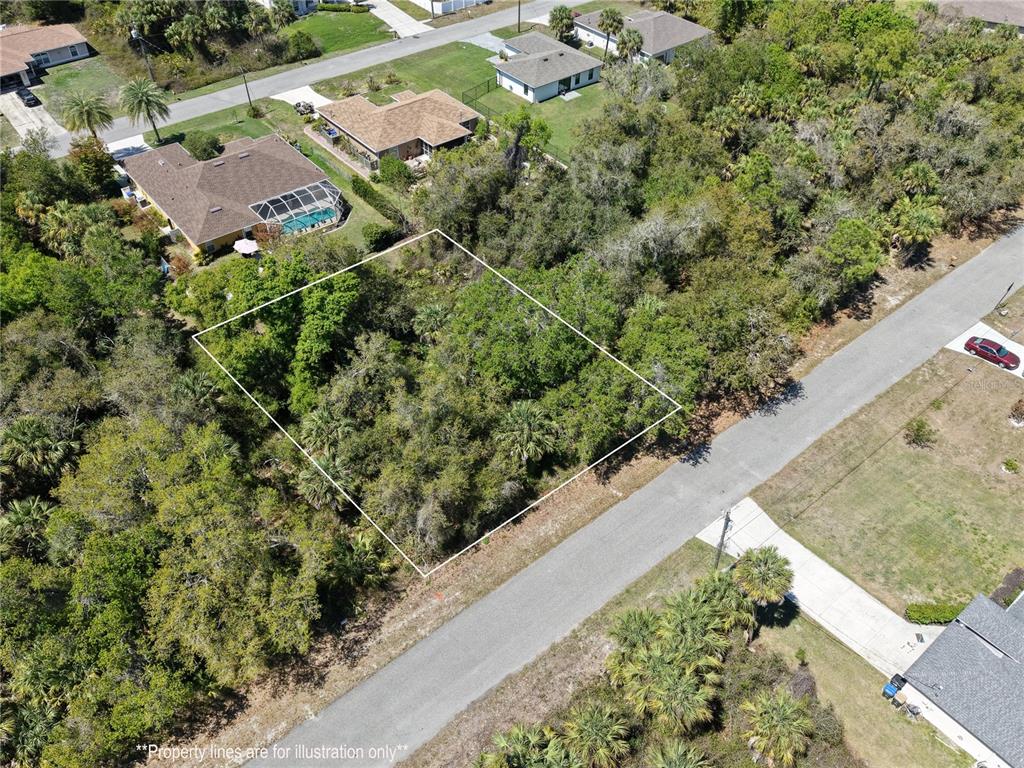 An aerial view shows a vacant, wooded residential lot outlined in white beside a paved road — MCALLISTER LANE, NORTH PORT, FL