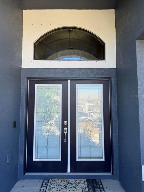 A dark-colored double front door with glass inserts sits beneath a semi-circular transom window — 11811 HARPSWELL DRIVE, RIVERVIEW, FL