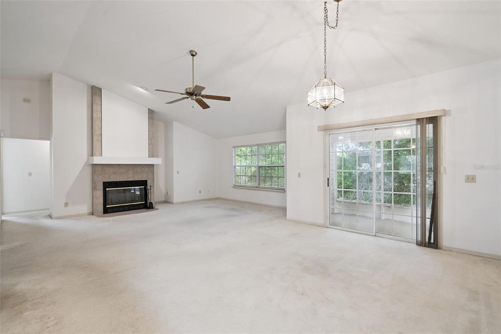 A living room with a fireplace, vaulted ceilings, carpeted floors, and a sliding glass door — 1193 GLEN FALLS ROAD, DELAND, FL