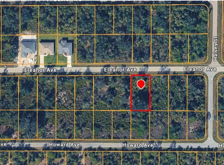 An aerial map view shows a vacant, rectangular lot highlighted in red along a street — 14235 ELEANOR AVENUE, PORT CHARLOTTE, FL