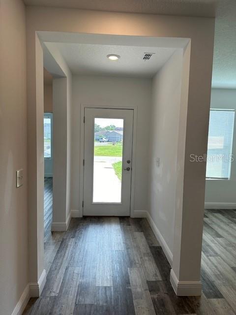 An entryway features wood-look flooring, a white front door with a glass panel, and recessed lighting — 542 KILIMANJARO, KISSIMMEE, FL