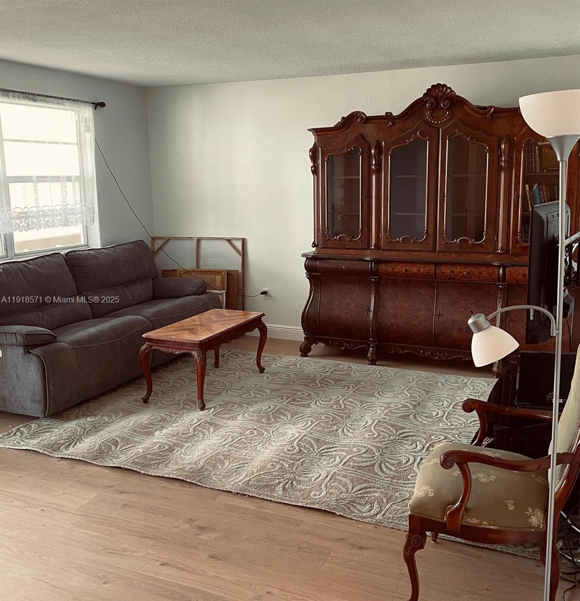 A living room features a large wooden hutch, a grey sofa, and a patterned area rug — 1355 NE 167th St # 209, Miami FL 33162, MIAMI, FL