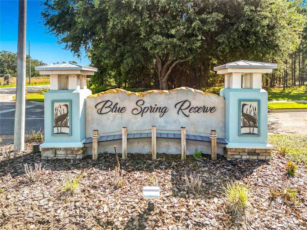 A stone and stucco neighborhood entrance sign for Blue Spring Reserve sits outdoors — 466 LONG AND WINDING ROAD, HOWEY IN THE HILLS, FL