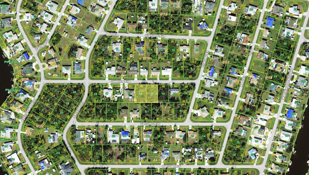 This is an aerial map view of a residential neighborhood with highlighted property lots — 523 JASMINE AVENUE NW, PORT CHARLOTTE, FL