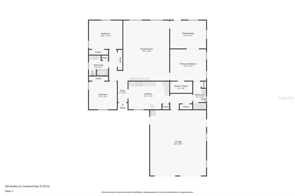 This is a floor plan for a single-story house with a garage and multiple rooms — 102 SANDRA LANE, CRESCENT CITY, FL