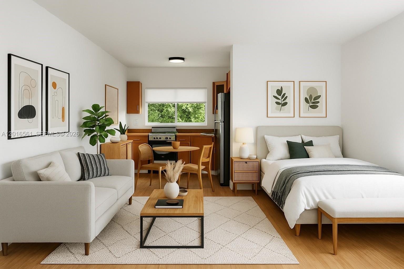 This rendering shows a studio apartment with a combined living, dining, and bedroom area — 1010 Pennsylvania Ave # 14, Miami Beach FL 33139, MIAMI BEACH, FL