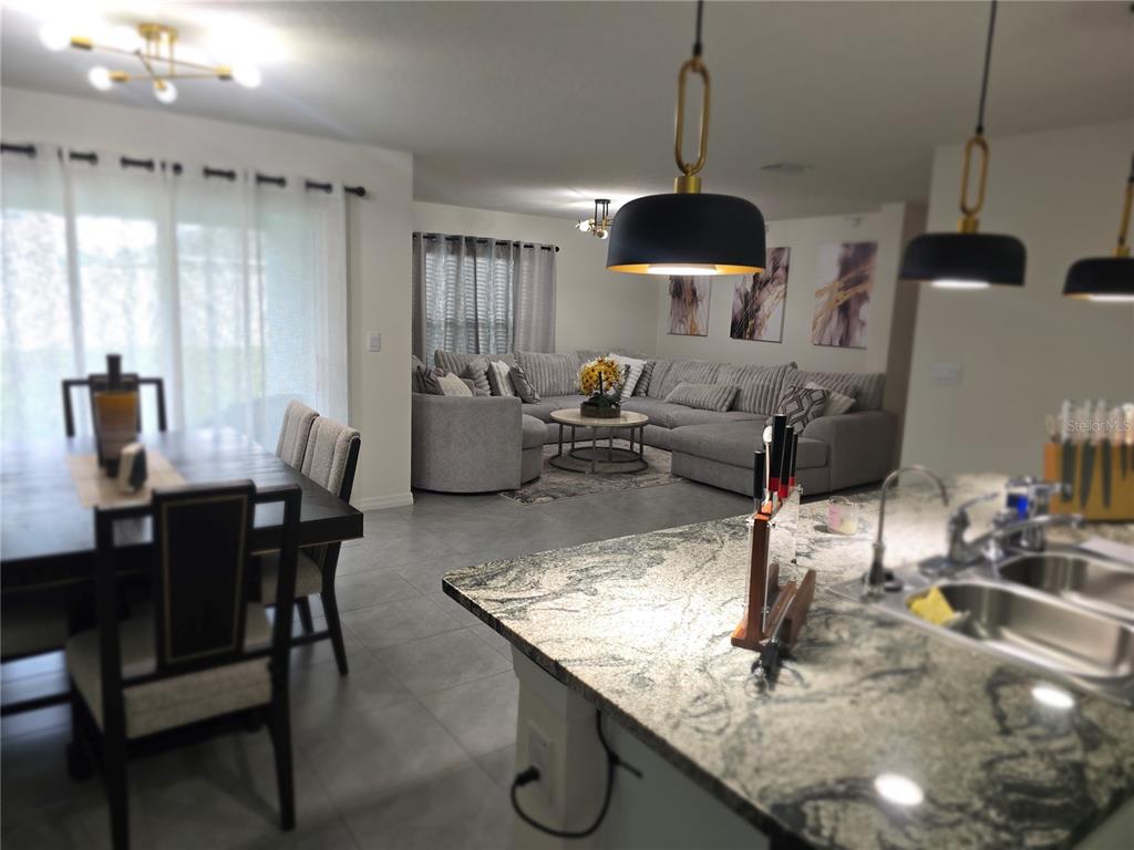 An open-concept living area features a kitchen island, dining table, and a large sectional sofa — 16706 SUNBURST LAKE STREET, WIMAUMA, FL