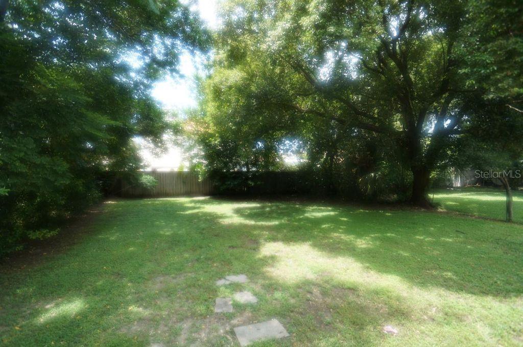 A grassy backyard features mature trees, a wooden fence, and scattered stone pavers — 305 S AUDUBON AVENUE, TAMPA, FL
