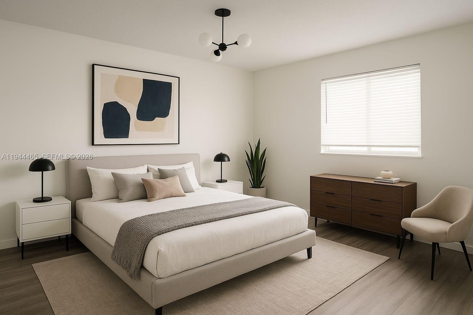 This is a rendering of a modern bedroom featuring a bed, dresser, and accent chair — 190 SE 12th Ave # 1B, Pompano Beach FL 33060, POMPANO BEACH, FL