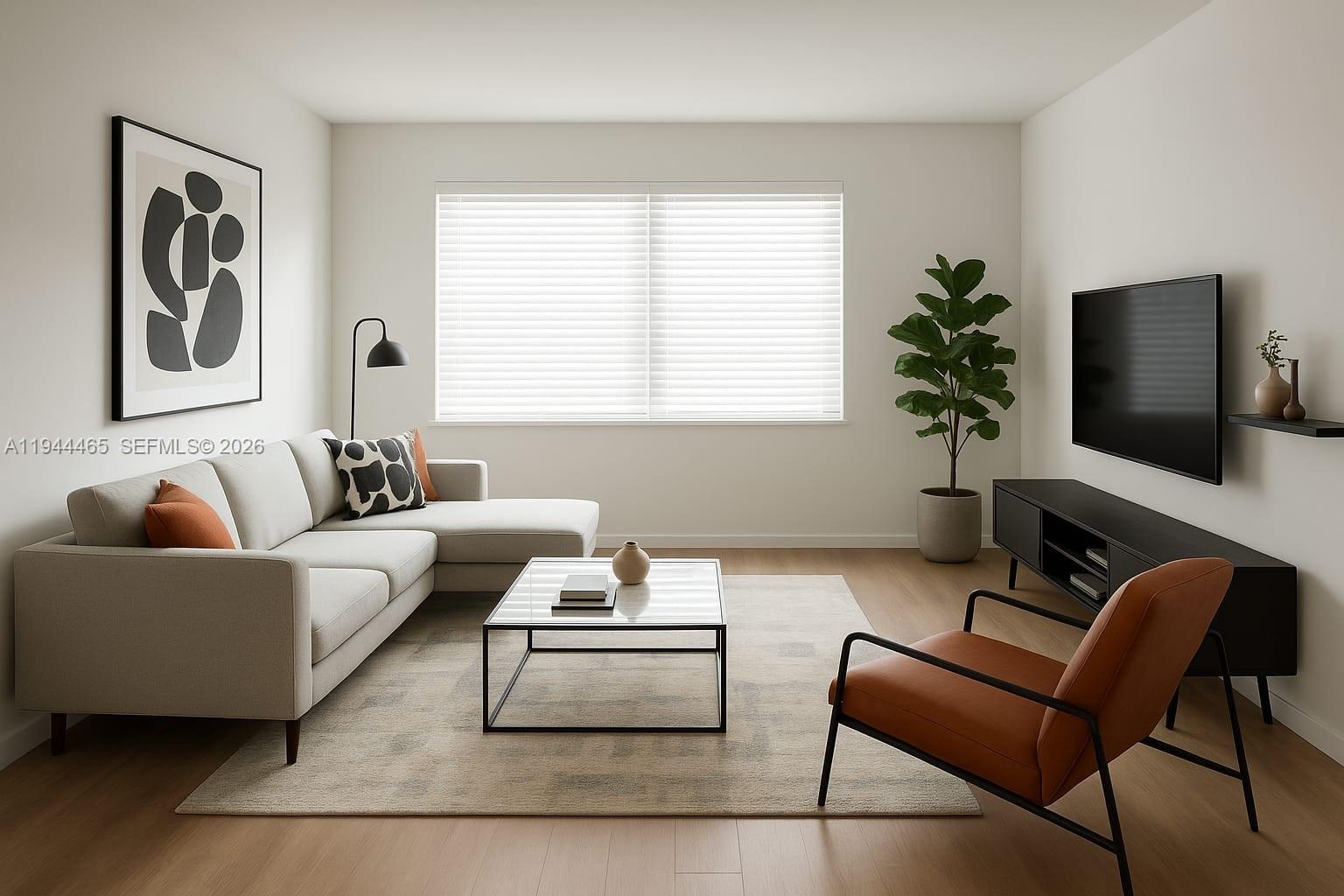 This is a rendering of a modern living room featuring a sectional sofa and armchair — 190 SE 12th Ave # 1B, Pompano Beach FL 33060, POMPANO BEACH, FL