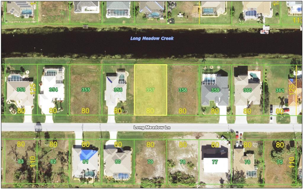 This is an aerial map showing a vacant residential lot highlighted in yellow along a canal — 284 LONG MEADOW LANE, ROTONDA WEST, FL