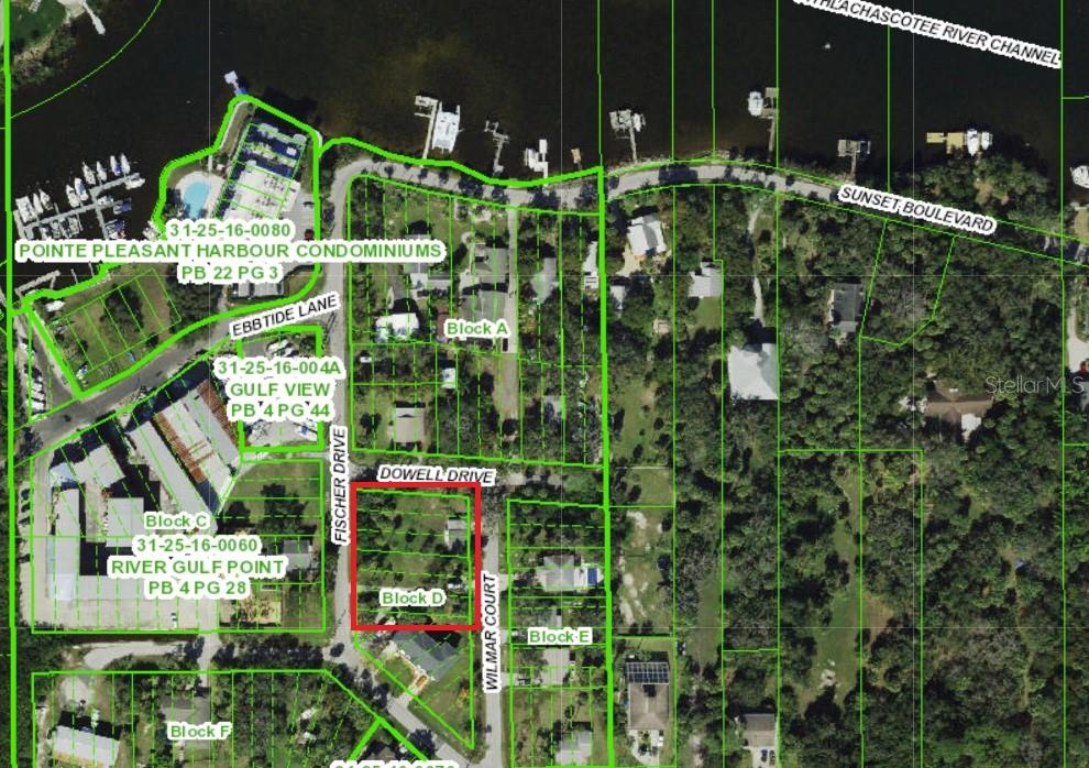 This is an aerial map showing property boundaries, street names, and labeled blocks of land — 7814 FISCHER DRIVE, PORT RICHEY, FL
