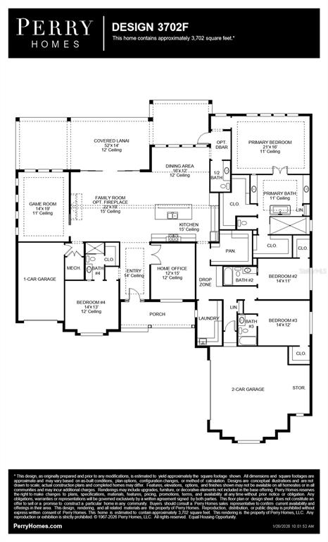 This is a floor plan for a Perry Homes single-story house design — 19987 ENGLISH WALNUT PLACE, BROOKSVILLE, FL