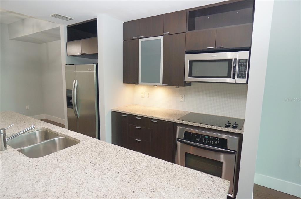 A modern kitchen features dark wood cabinets, stainless steel appliances, and speckled granite countertops — 111 N 12TH STREET UNIT 1320, TAMPA, FL