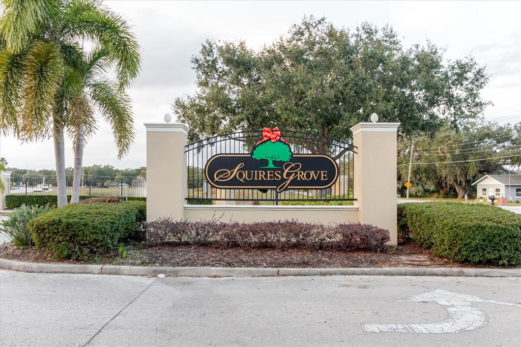 A stone monument sign for Squires Grove stands behind a landscaped bed with palm trees — 525 SQUIRES GROVE DRIVE, WINTER HAVEN, FL
