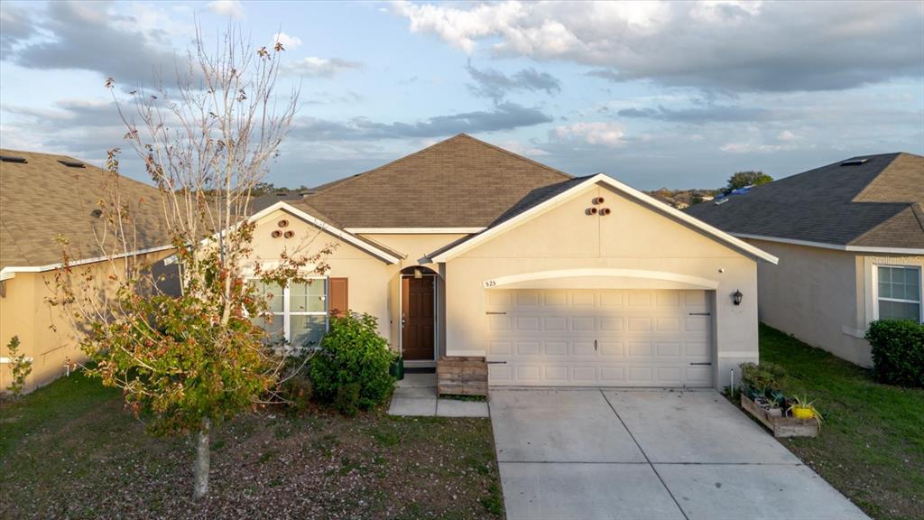 A single-story suburban house with a tan stucco exterior, a two-car garage, and a driveway — 525 SQUIRES GROVE DRIVE, WINTER HAVEN, FL