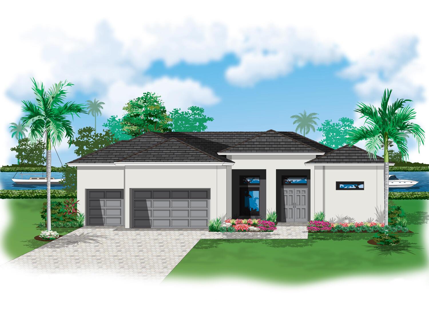 A digital rendering of a modern single-story house with a three-car garage and palm trees — 618 N Federal Highway, FL 33460, FL