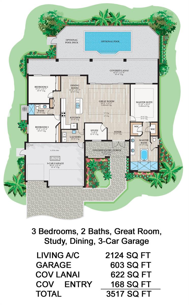 This floor plan shows a three-bedroom house with a three-car garage and a covered lanai — 618 N Federal Highway, FL 33460, FL