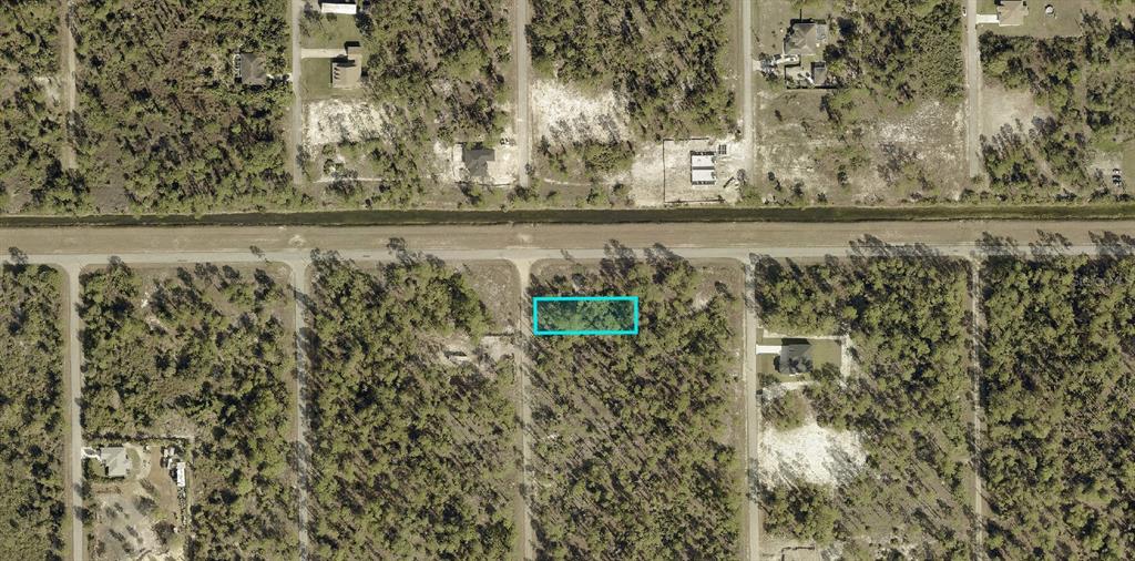 An aerial view shows a vacant, wooded residential lot outlined in blue — 1124 JOHNS AVENUE, LEHIGH ACRES, FL