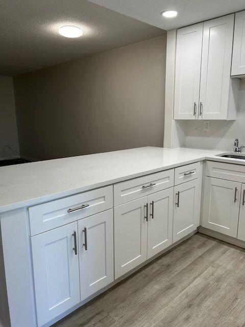 A kitchen features white shaker cabinets, a white quartz countertop, and light wood-look flooring — 2811 Garden Drive S # 107, FL 33461, FL