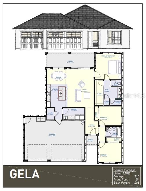 This is a floor plan and exterior rendering for a single-story house named Gela — 6 ALBA DRIVE, INDIAN LAKE ESTATES, FL