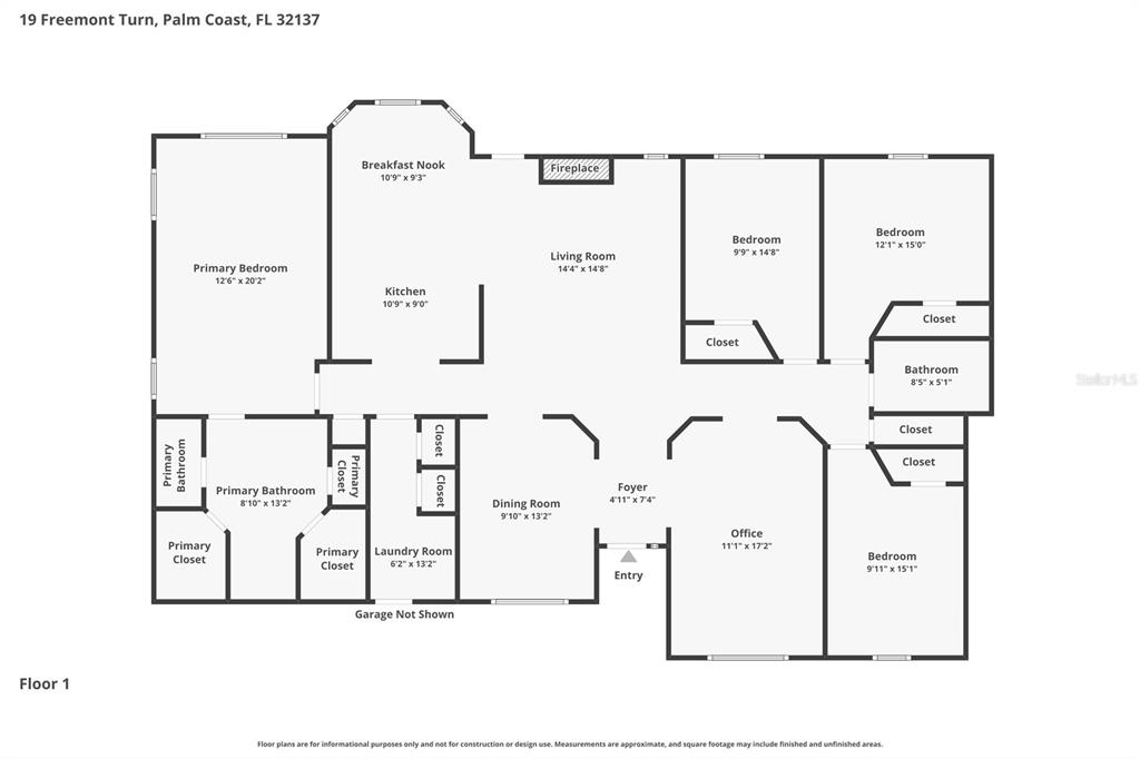 This is a floor plan for a single-story house with three bedrooms and an office — 19 FREEMONT TURN, PALM COAST, FL