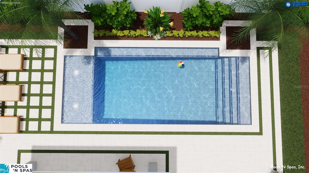 This is a digital rendering of a rectangular swimming pool with a sun shelf and pavers — 19 FREEMONT TURN, PALM COAST, FL