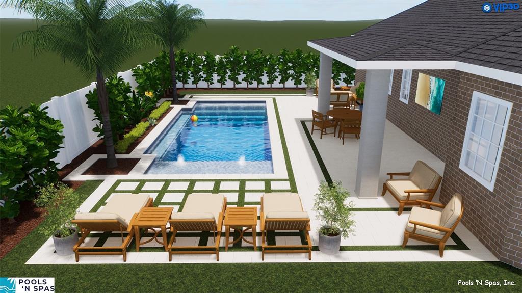 This 3D rendering shows a backyard with a rectangular swimming pool, patio, and lounge furniture — 19 FREEMONT TURN, PALM COAST, FL