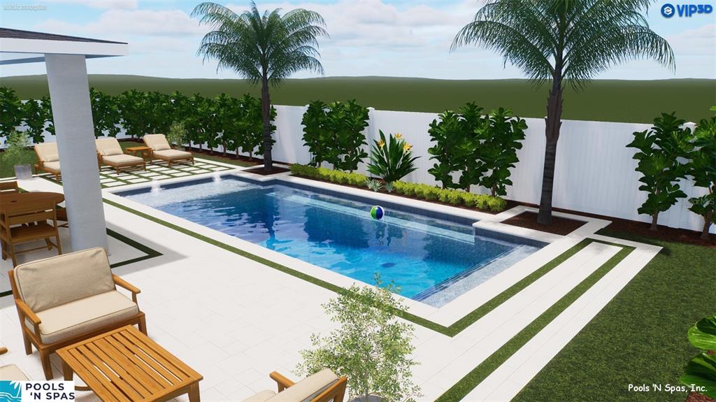 This is a 3D rendering of a rectangular backyard swimming pool with a patio and landscaping — 19 FREEMONT TURN, PALM COAST, FL