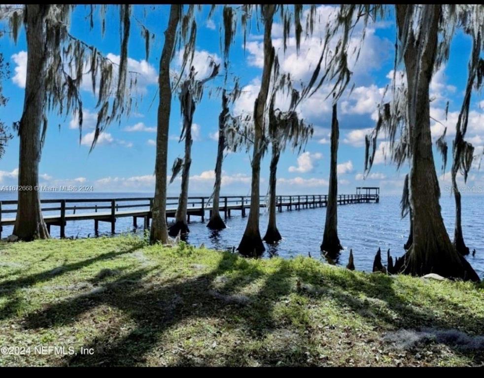 A long wooden pier extends into a lake surrounded by cypress trees with Spanish moss — 817 PARADISE BOULEVARD, GEORGETOWN, FL