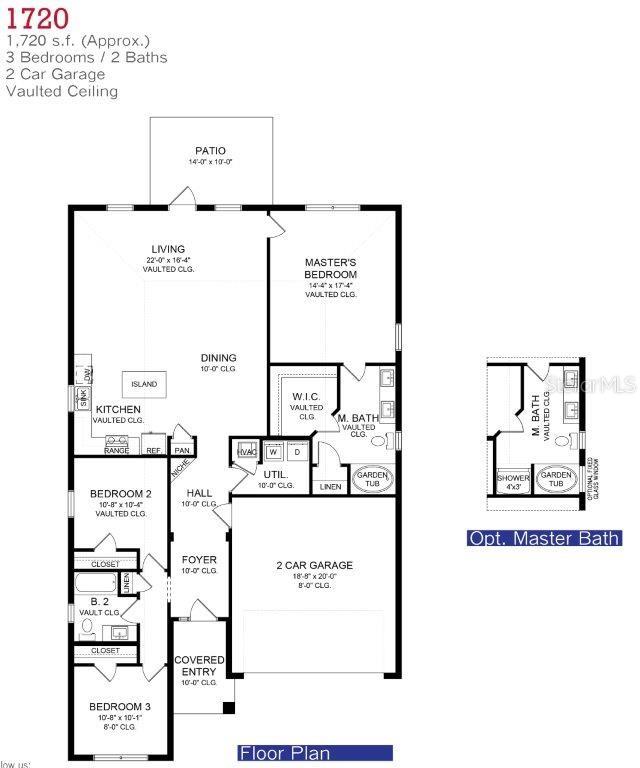 This floor plan shows a 1,720-square-foot home with three bedrooms, two bathrooms, and a garage — 12450 LANGLEY DRIVE Lot 82, SPRING HILL, FL