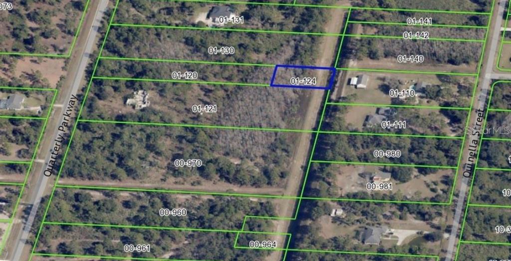 An aerial map shows a highlighted parcel of land surrounded by trees and nearby roads — 0 QUARTERLY PARKWAY, ORLANDO, FL