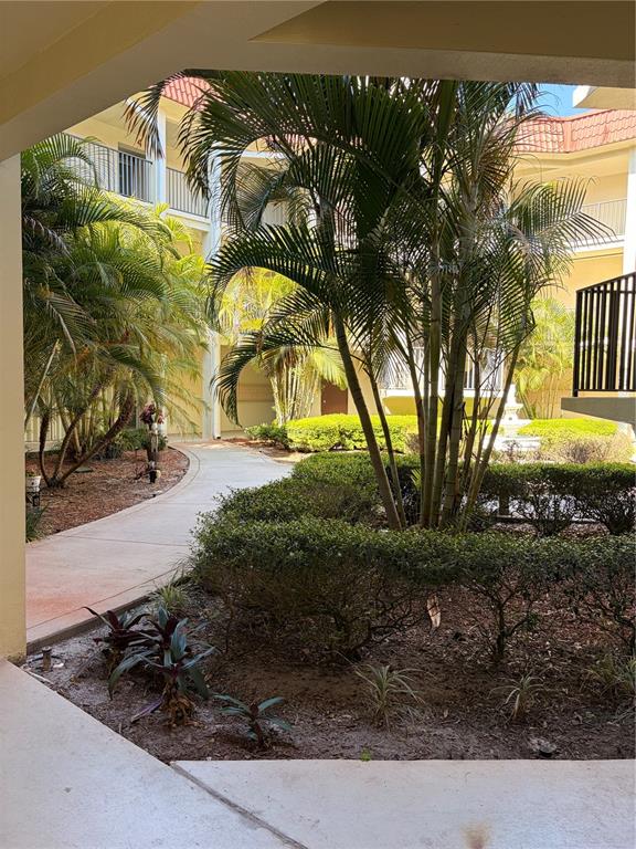 A view of a landscaped courtyard with a palm tree, walkway, and multi-story apartment building — 2700 BAYSHORE BOULEVARD UNIT 2105, DUNEDIN, FL